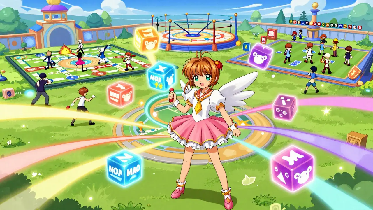 Hero with glowing MOMOs in a vibrant metaverse game arena