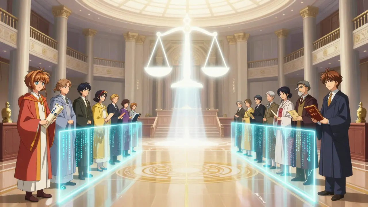 Legislative figures divided by a glowing barrier under a beam of hope