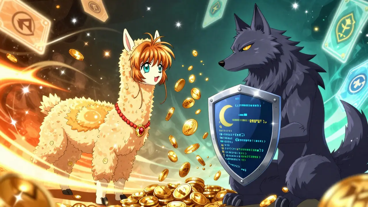 Magical alpaca and wolf guardian battling over volatile crypto coins in anime style.