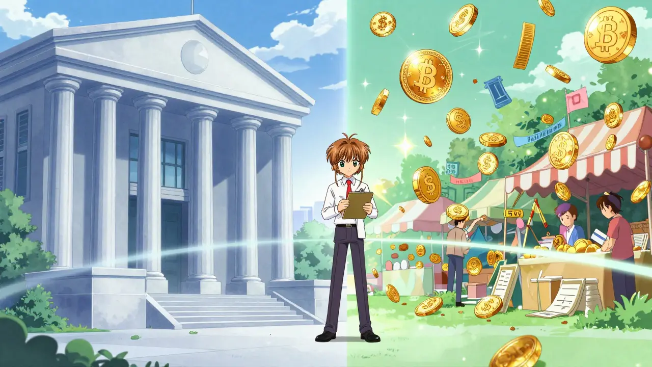 Magical gatekeeper regulating crypto flows between banks and exchanges in anime style