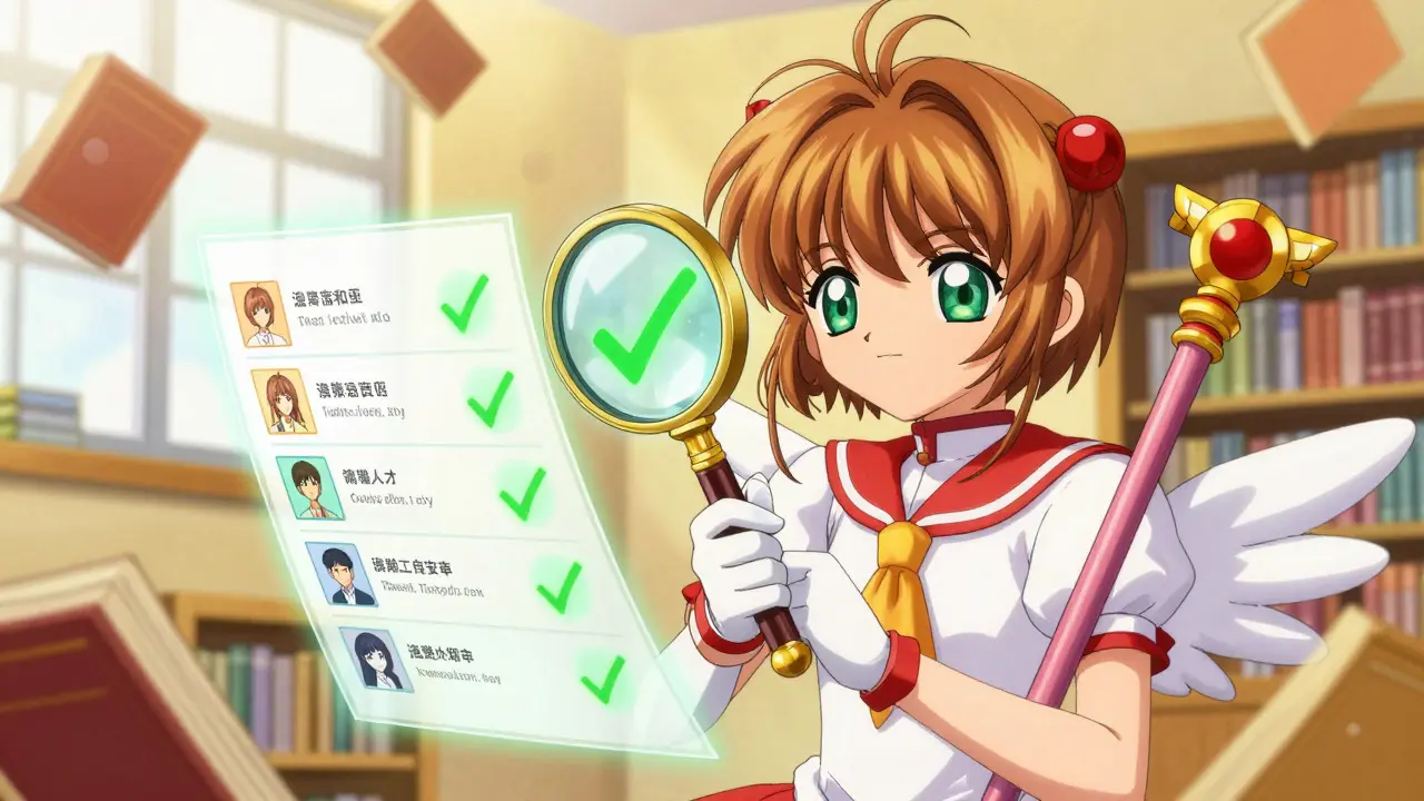 Magical girl inspecting a glowing safety checklist with a magnifying glass