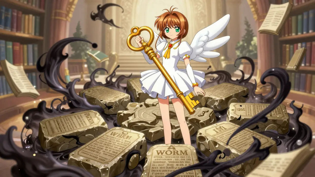 Magical girl locking data stone tablets with a golden key against dark erasure spells.