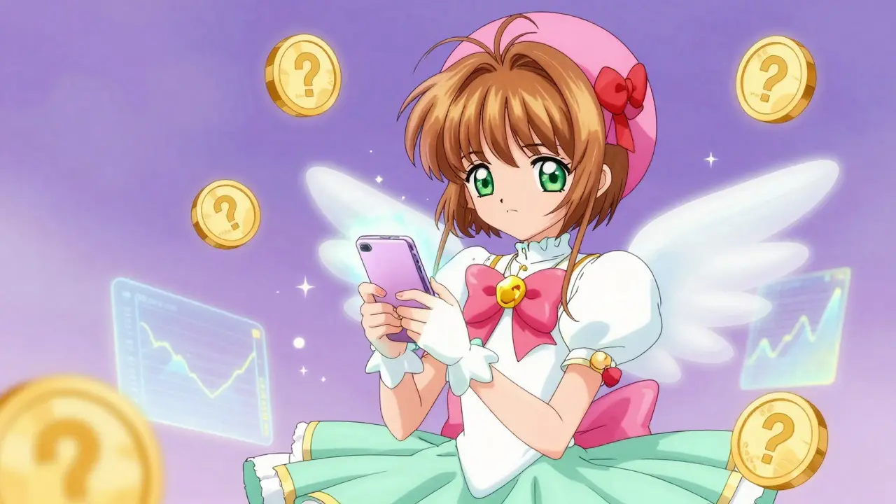 Magical girl looking at glowing crypto phone