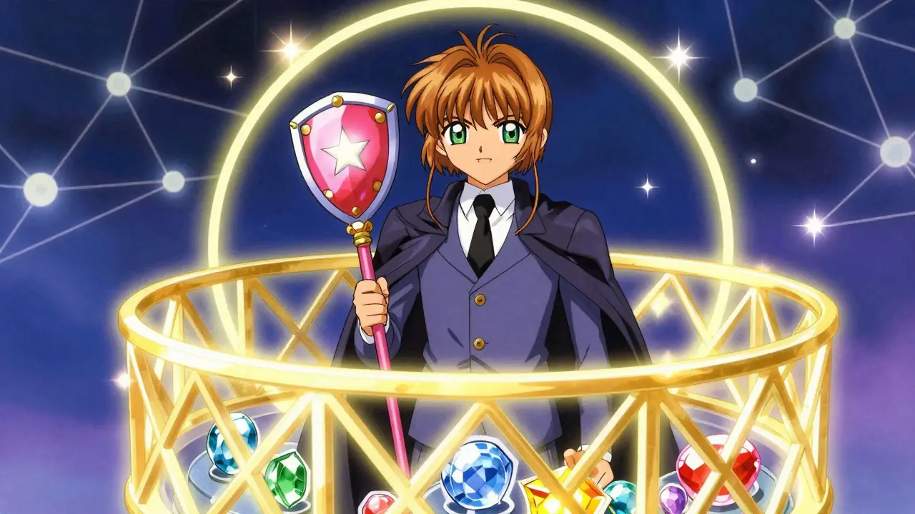 Magical guardian protecting digital assets in a secure vault with light barriers