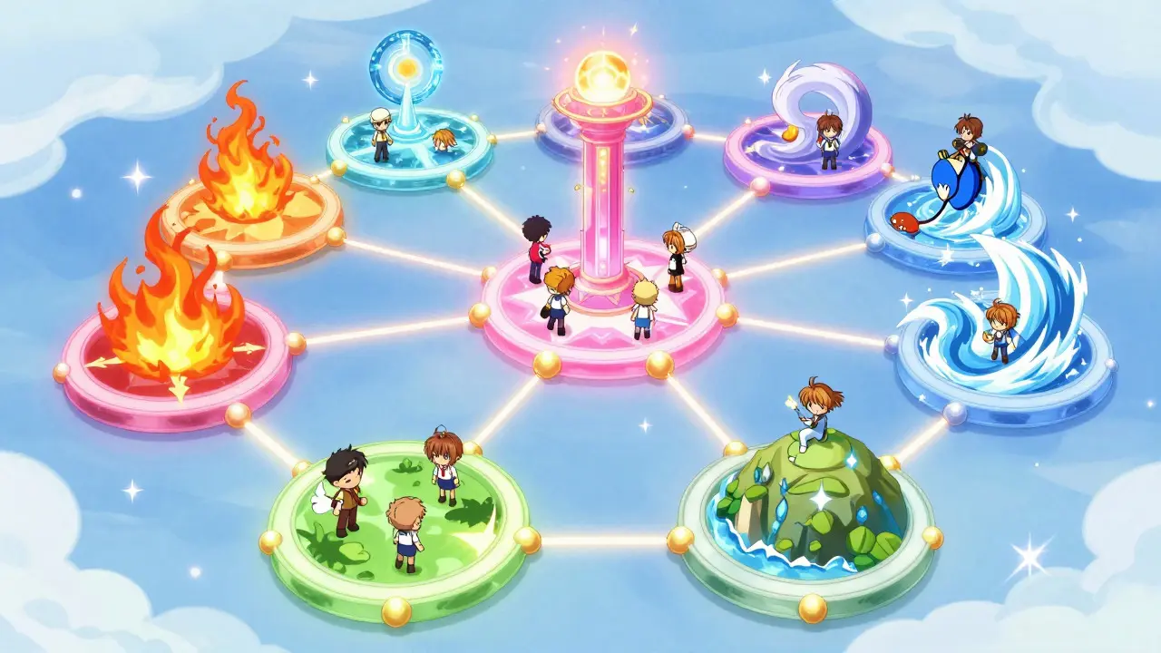 Magical network splitting into colorful elemental shards with spirit validators working in harmony.