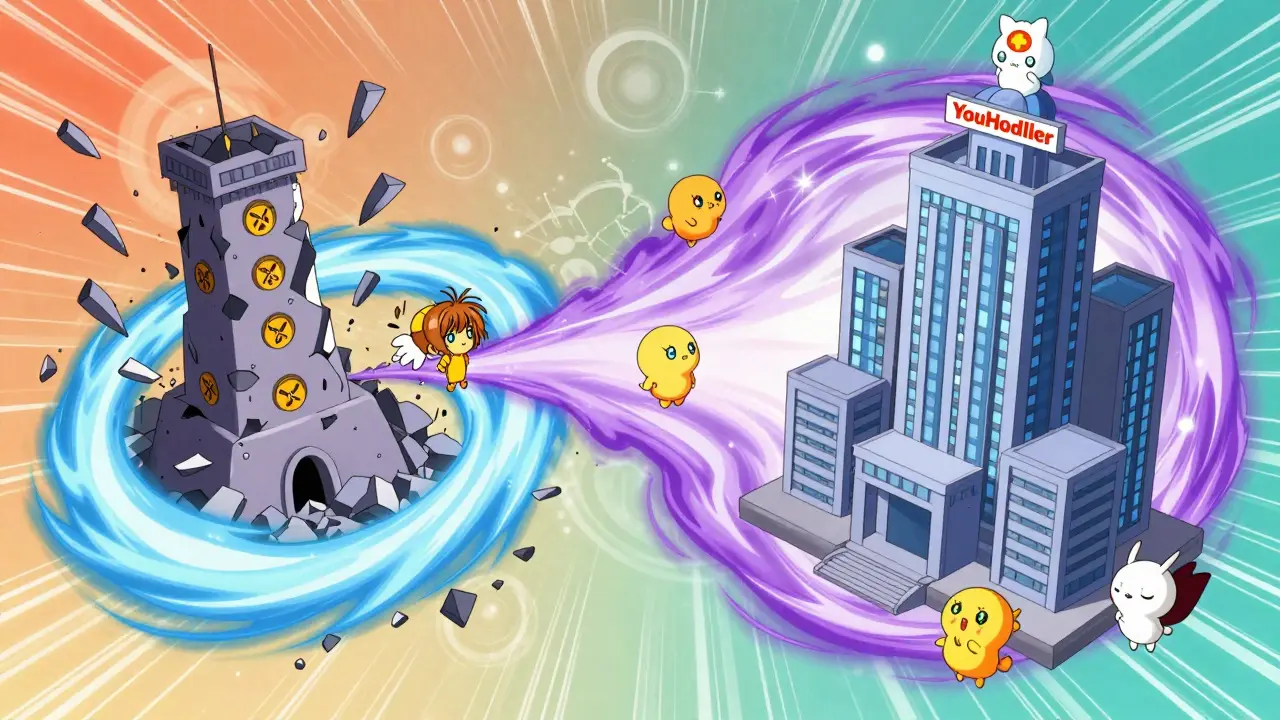Magical portal transferring confused mascots between collapsing and new buildings.