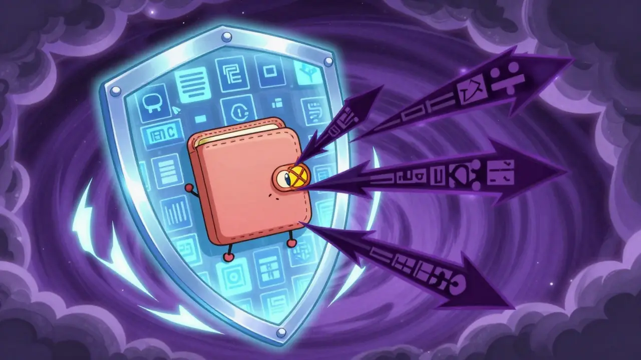 Magical shield protecting a digital wallet from dark censorship arrows