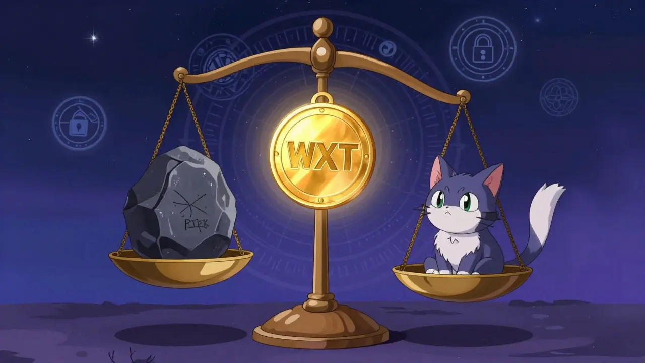 Mystical balance scale weighing WXT token against risk stones