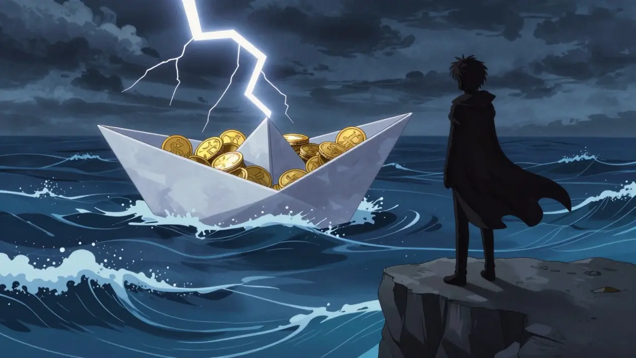 Paper boat with coins on stormy waves symbolizing crypto risk