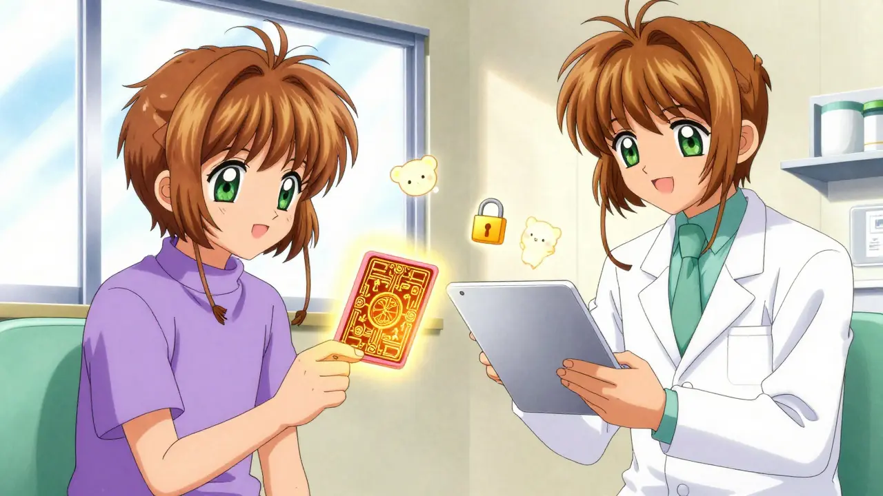 Patient holding glowing digital health passport in clinic