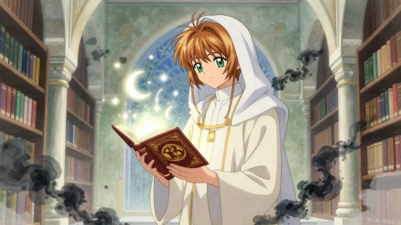 Scholar holding glowing book representing religious fatwa against crypto