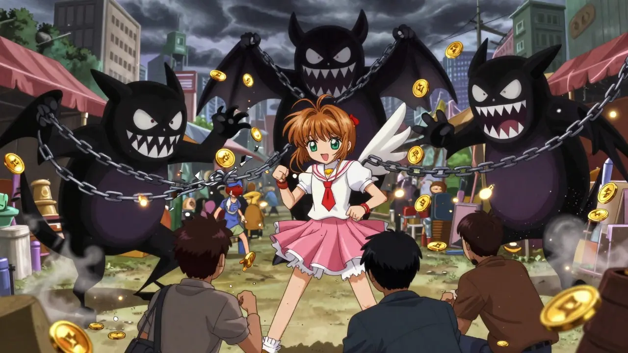 Shadow monsters stealing coins from traders in chaotic market scene