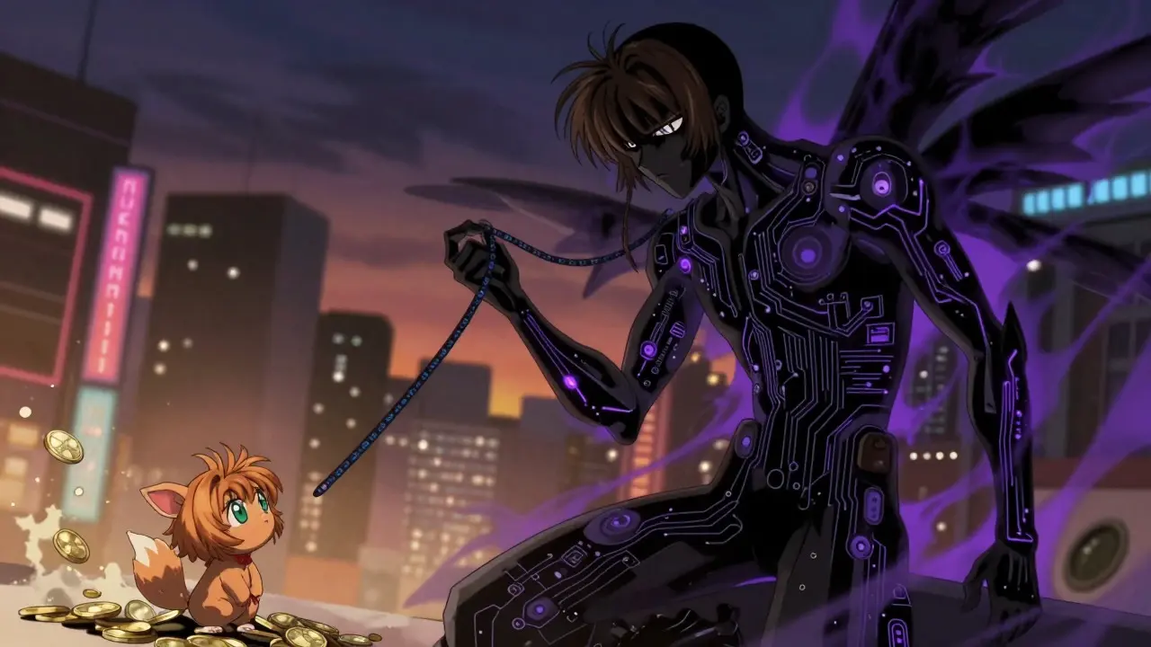 Shadowy digital figure restraining a creature of privacy with binary code leashes