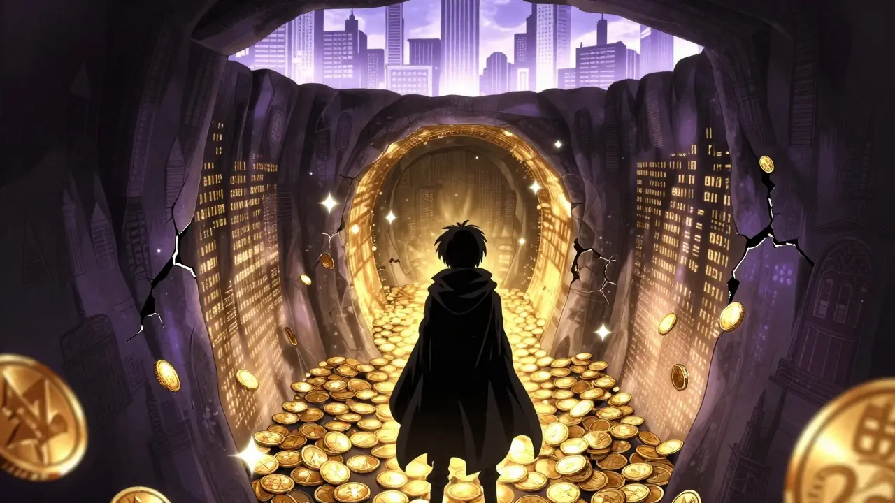 Shadowy figure in a cracking golden tunnel representing sanctions evasion