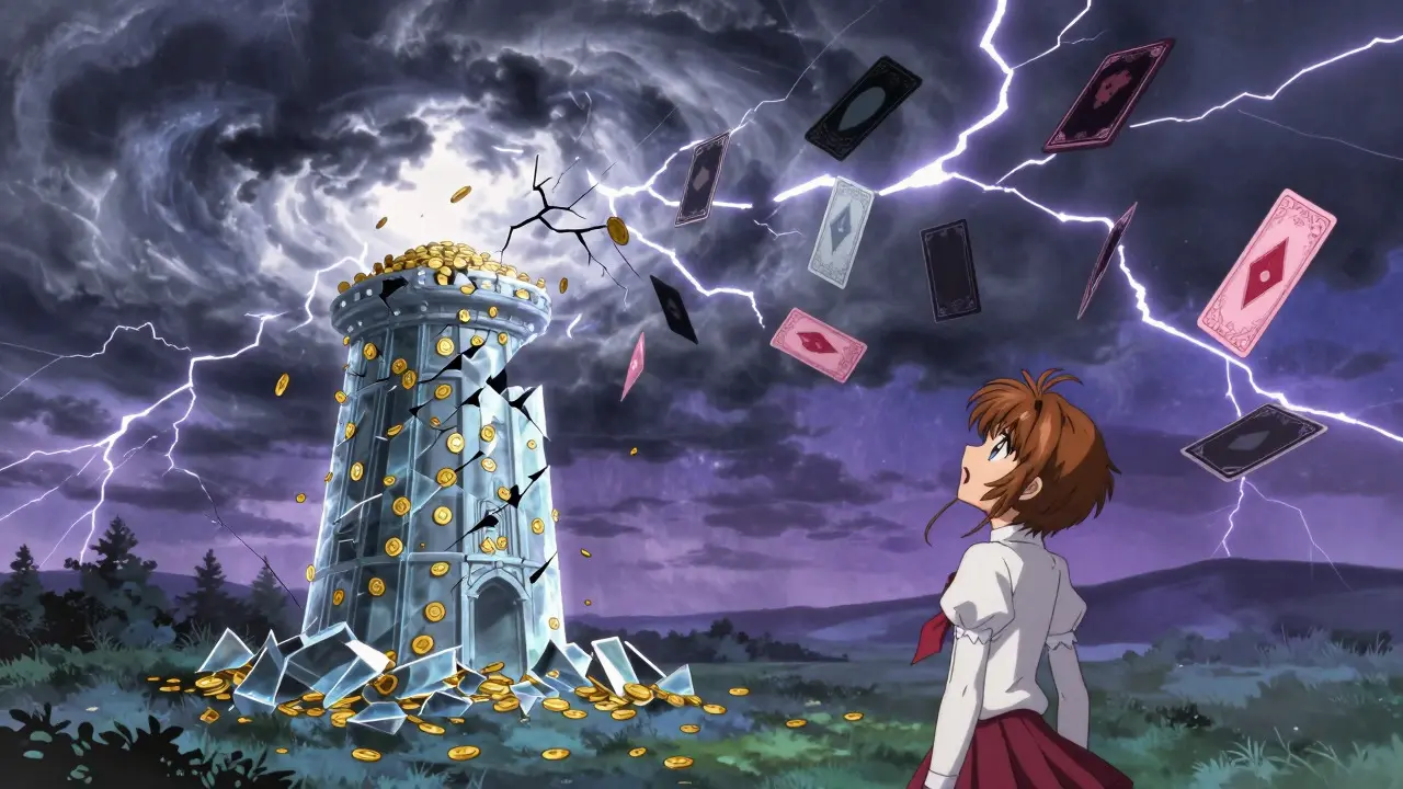 Stormy sky with falling dark cards symbolizing the crypto market crash.
