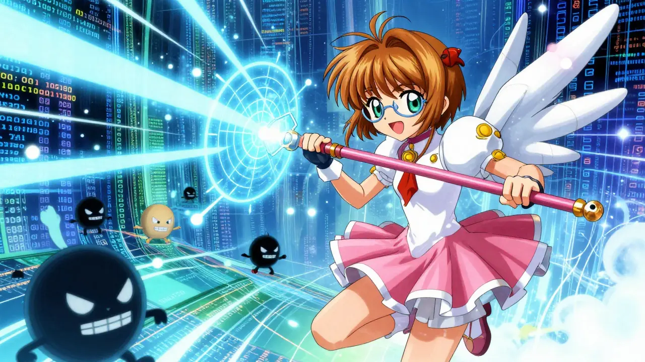 Tech anime character using a radar staff to detect hidden malware goblins in code.