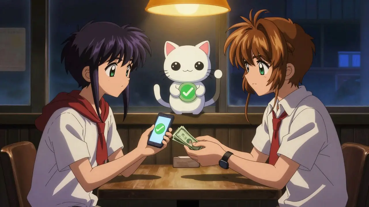 Two anime characters trading crypto via a cute escrow spirit bot