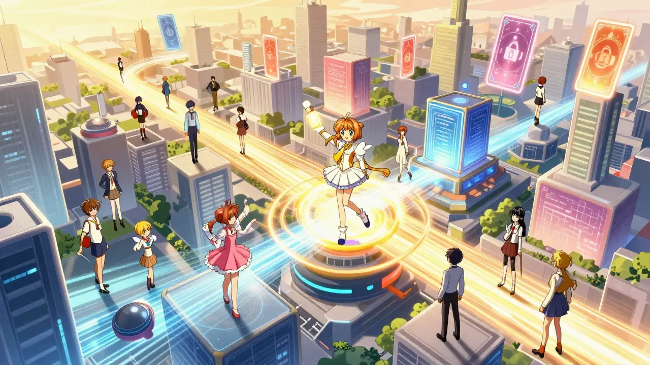 Vibrant digital cityscape with smooth transaction flows and floating magical cards representing security.