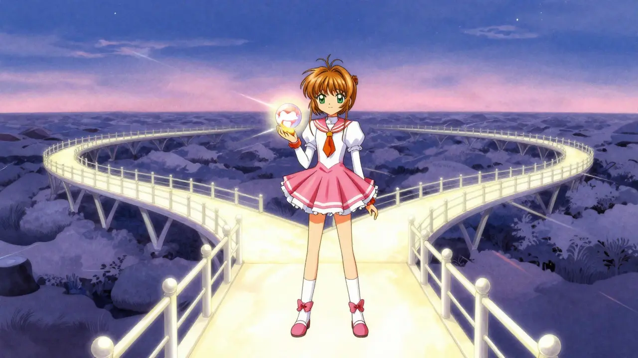 A character on a light bridge holding a glowing orb, illustrating the Omega cross-chain upgrade.