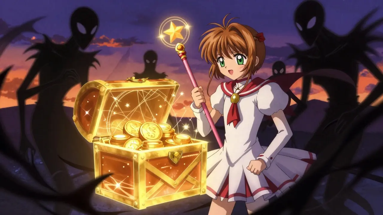 A character using a magic staff to protect a glowing treasure chest from dark shadows.