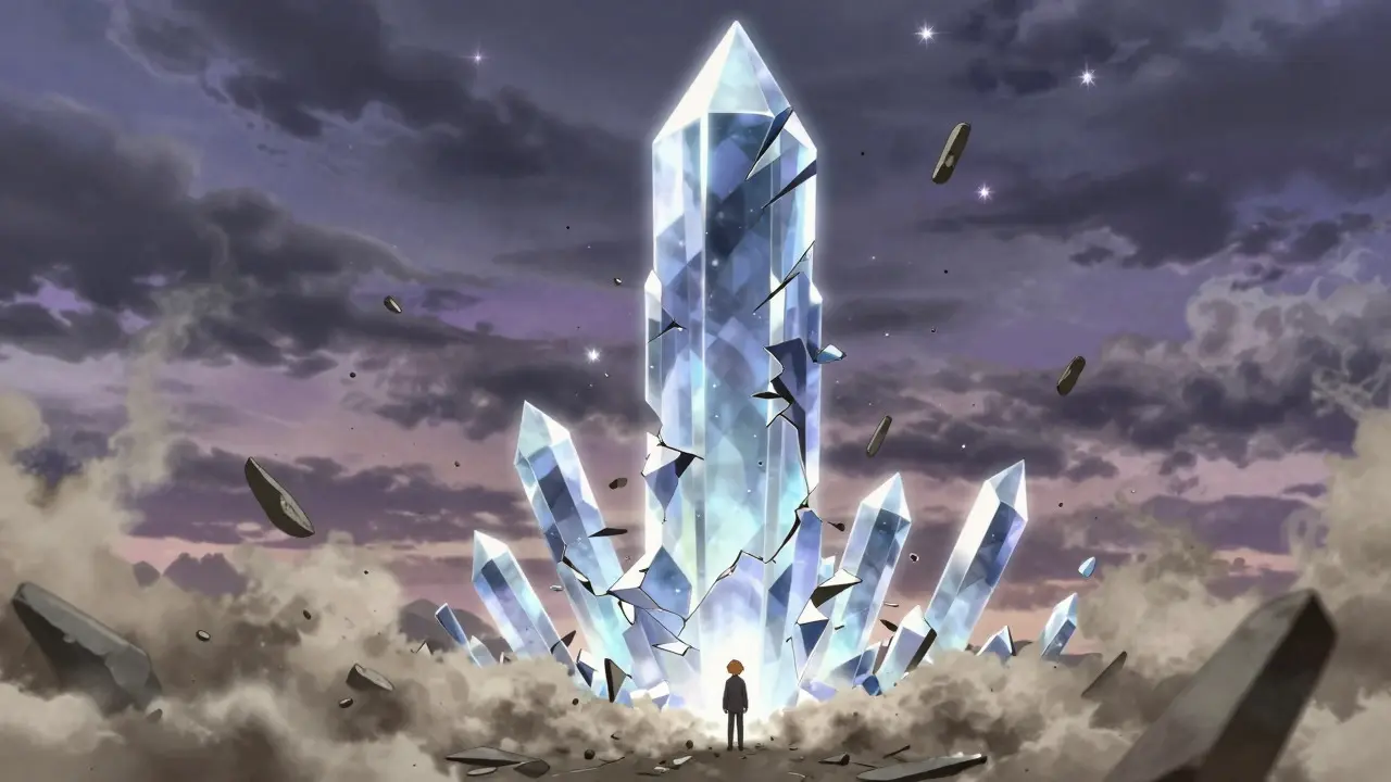 A crumbling magical tower symbolizing a cryptocurrency's value collapse