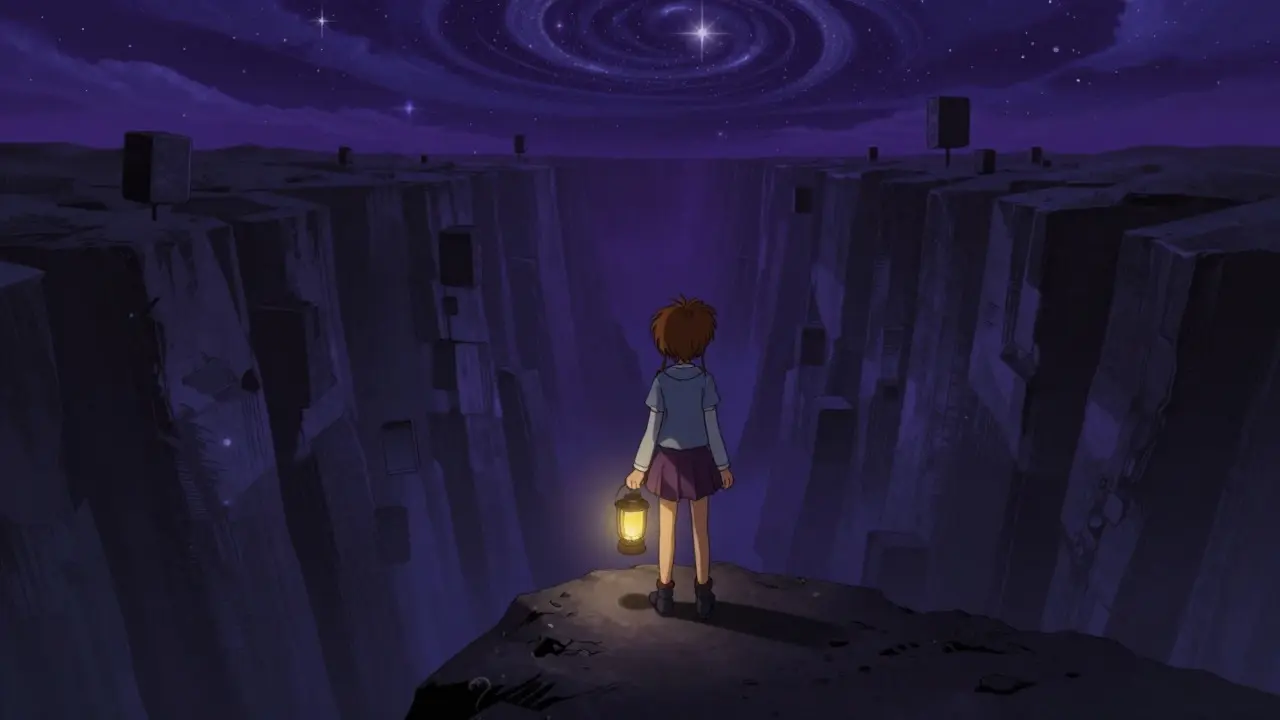 A figure holding a flickering lantern at the edge of a dark, unstable digital canyon under a starry night sky.
