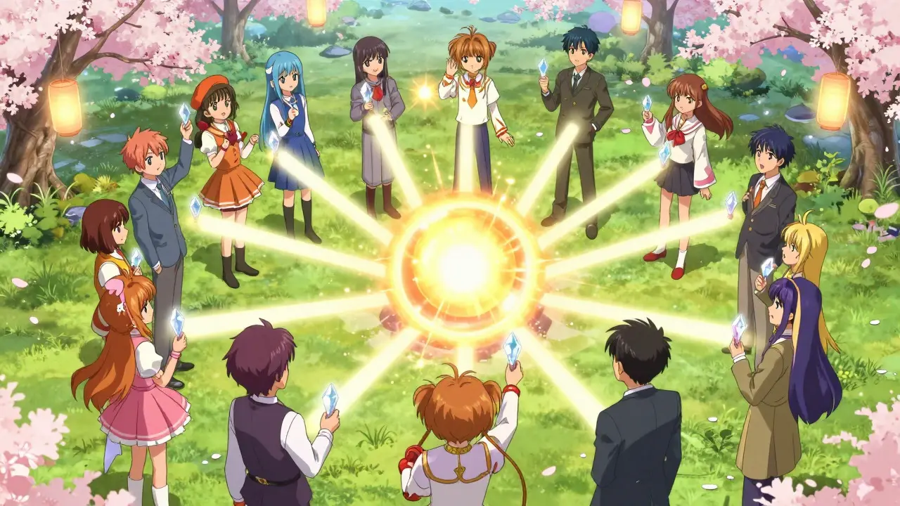 A group of people connected by light beams in a cherry blossom garden, representing a vote.