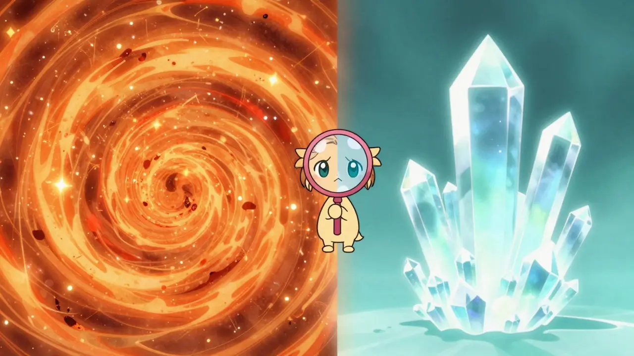 An anime character holding a magnifying glass, comparing a chaotic vortex of sparks with a calm, distant crystal structure.