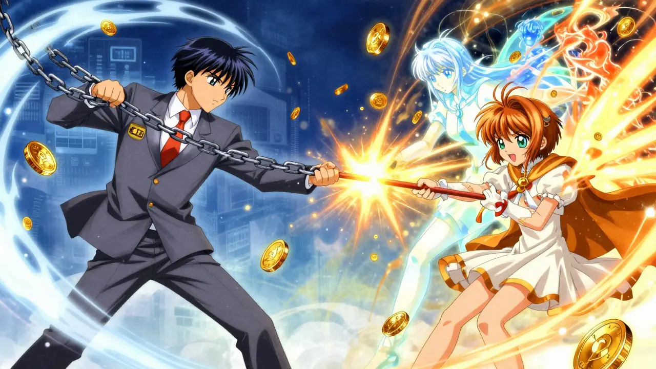Anime battle between state chains and digital spirits
