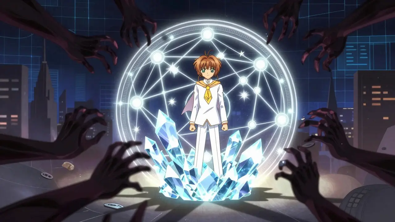 Anime boy protecting glowing blockchain crystal
