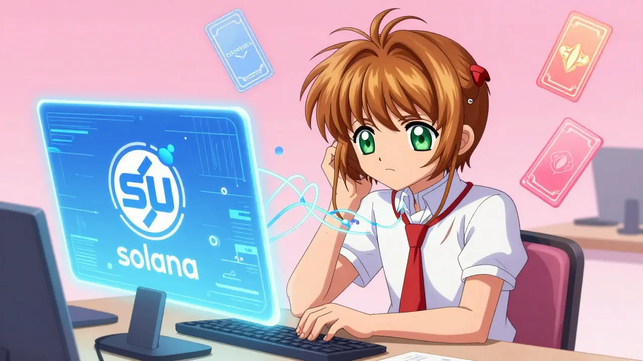 Anime character confused by conflicting blockchain logos on screens