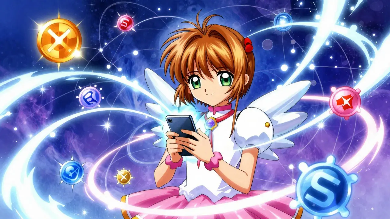 Anime character interacting with a glowing blue energy network, symbolizing decentralized finance