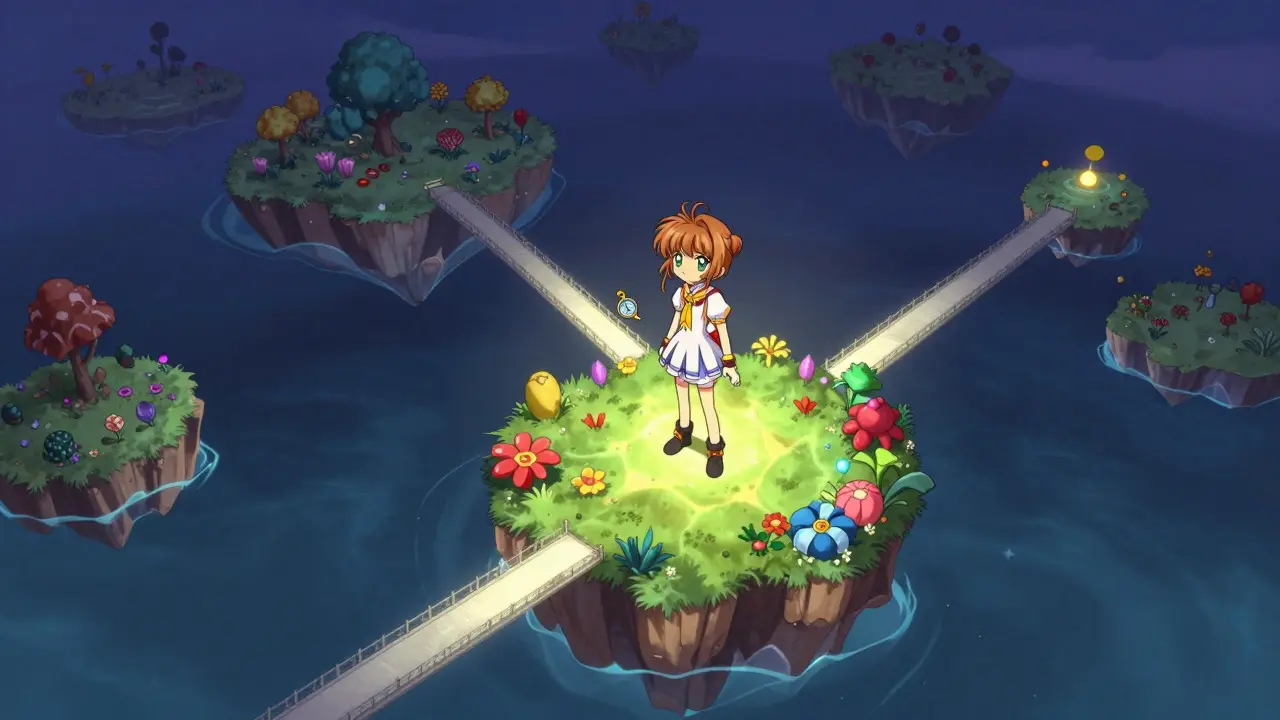 Anime character on a bright island of light overlooking distant, chaotic platforms