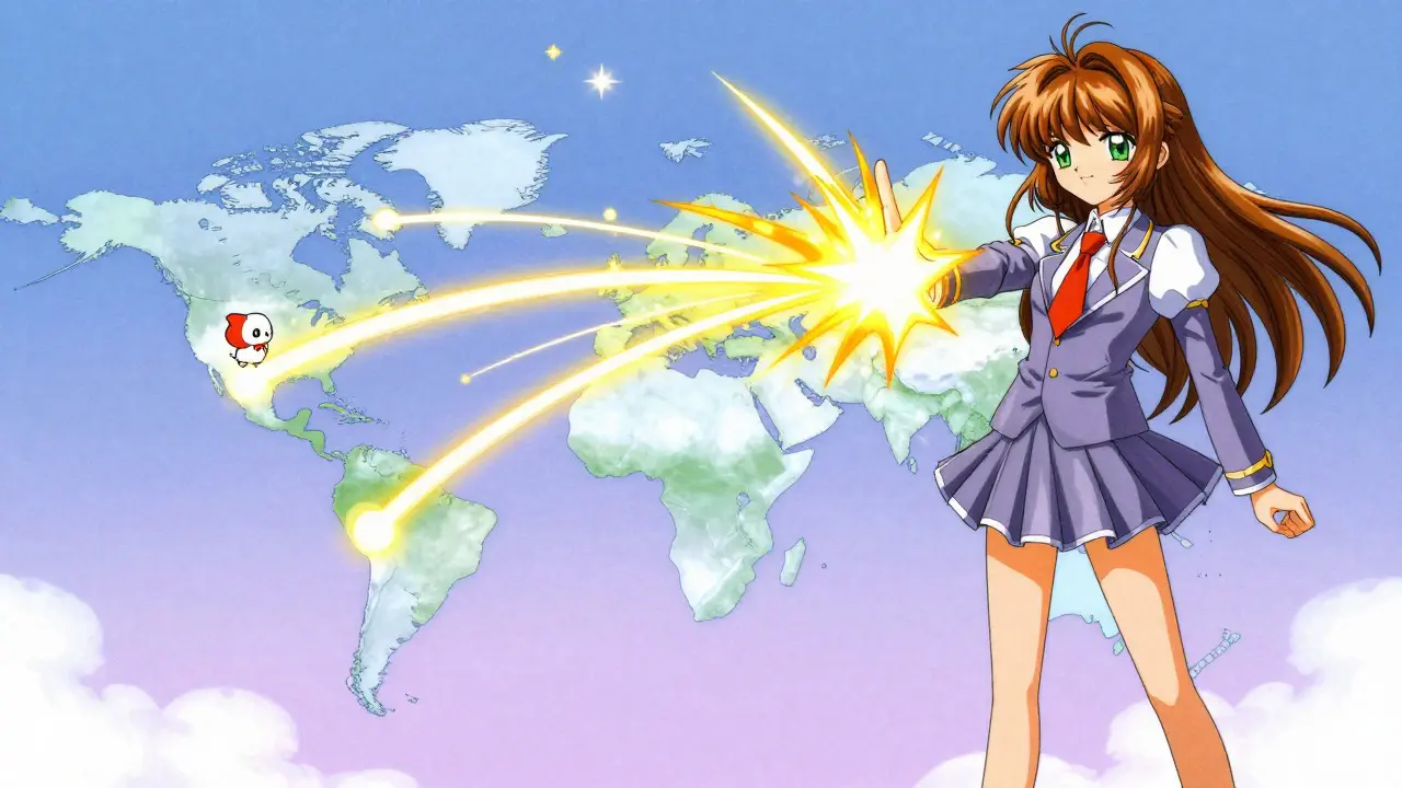Anime character releasing golden energy across a world map to represent fast cross-border payments