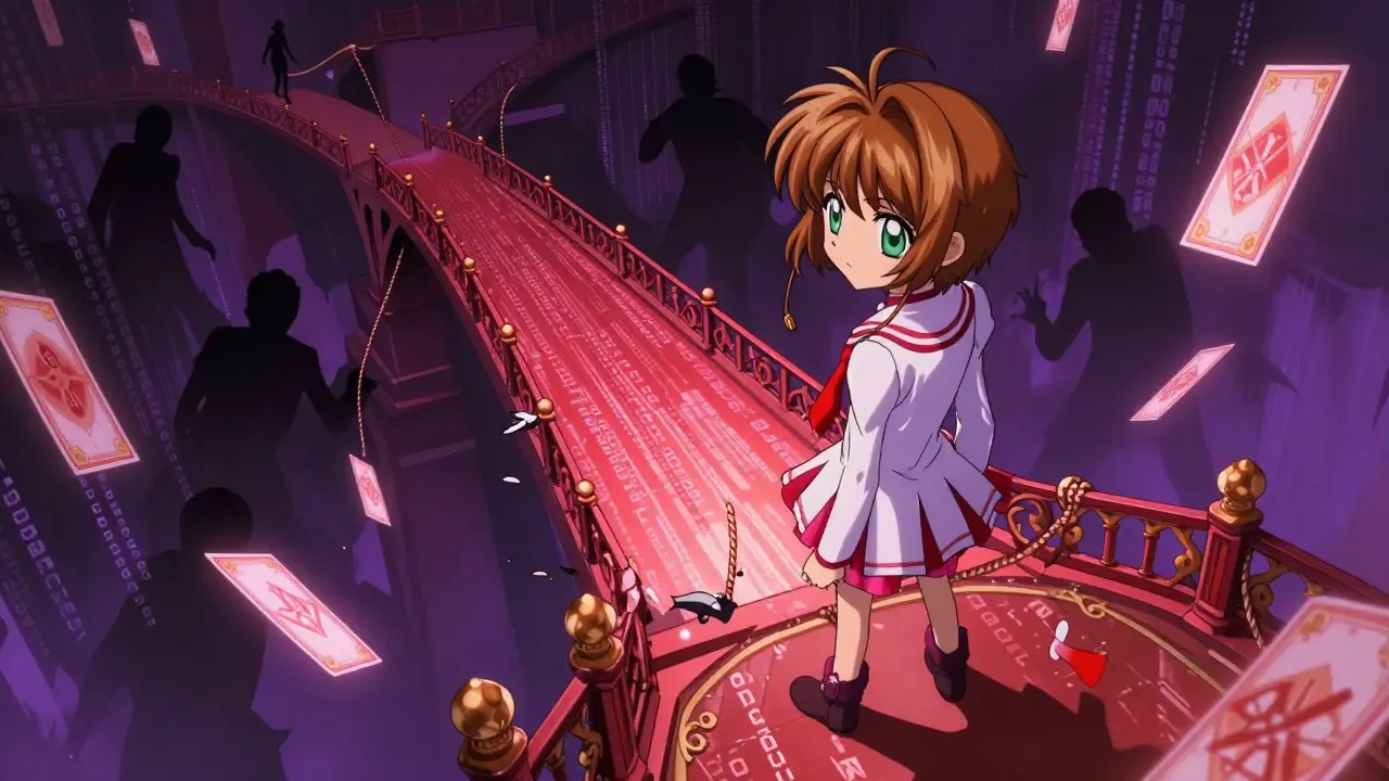 Anime character standing on a crumbling digital bridge overlooking a dark abyss