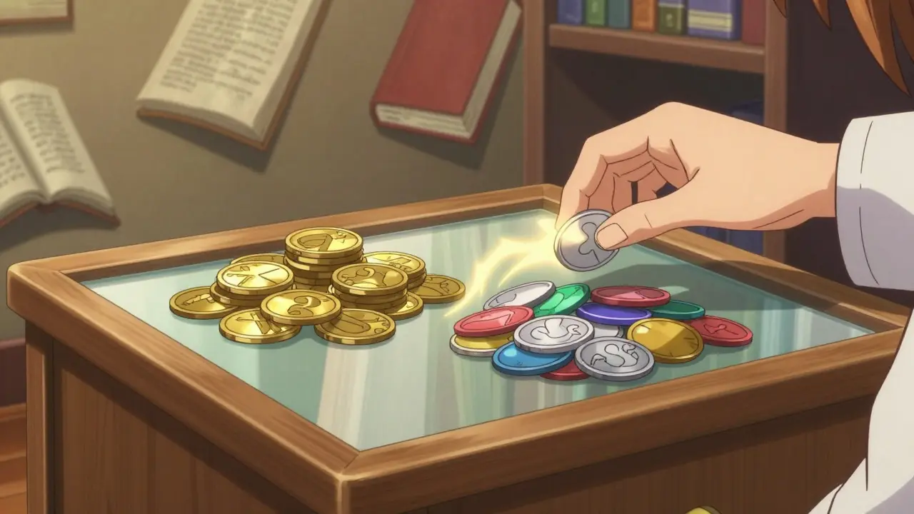 Anime character swapping rare colorful tokens on a wooden desk