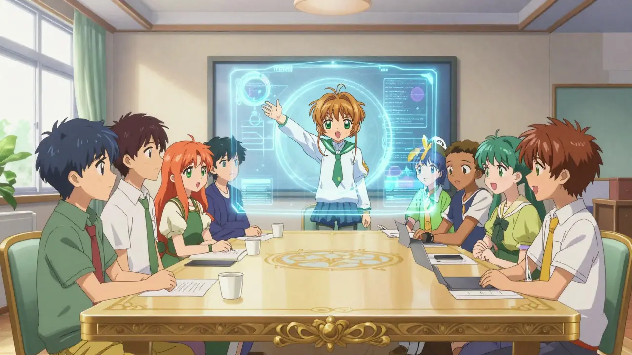 Anime characters discussing around a table with a holographic display, representing DAO voting.