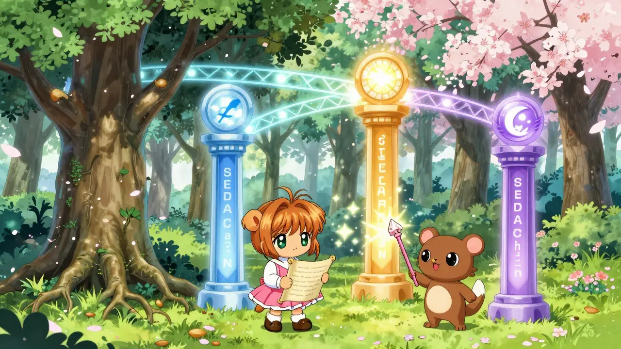 Anime characters representing SEDA's four pillars collaborating in a forest.