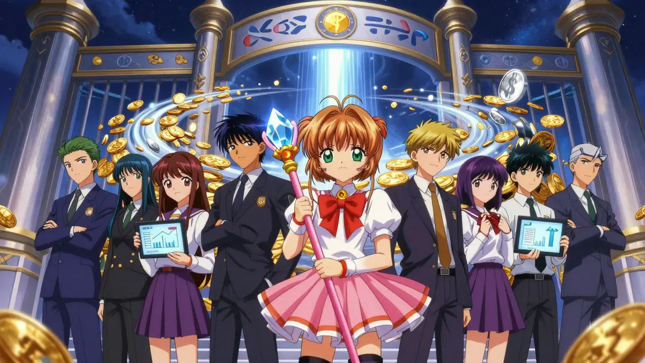 Anime characters standing before a grand gate with streams of light representing financial compliance infrastructure