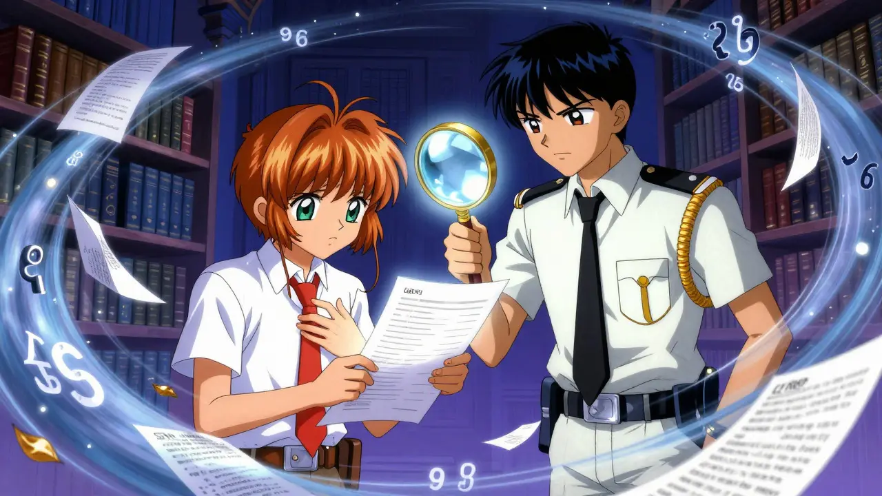 Anime depiction of a tax officer using a magical magnifying glass to audit a nervous taxpayer