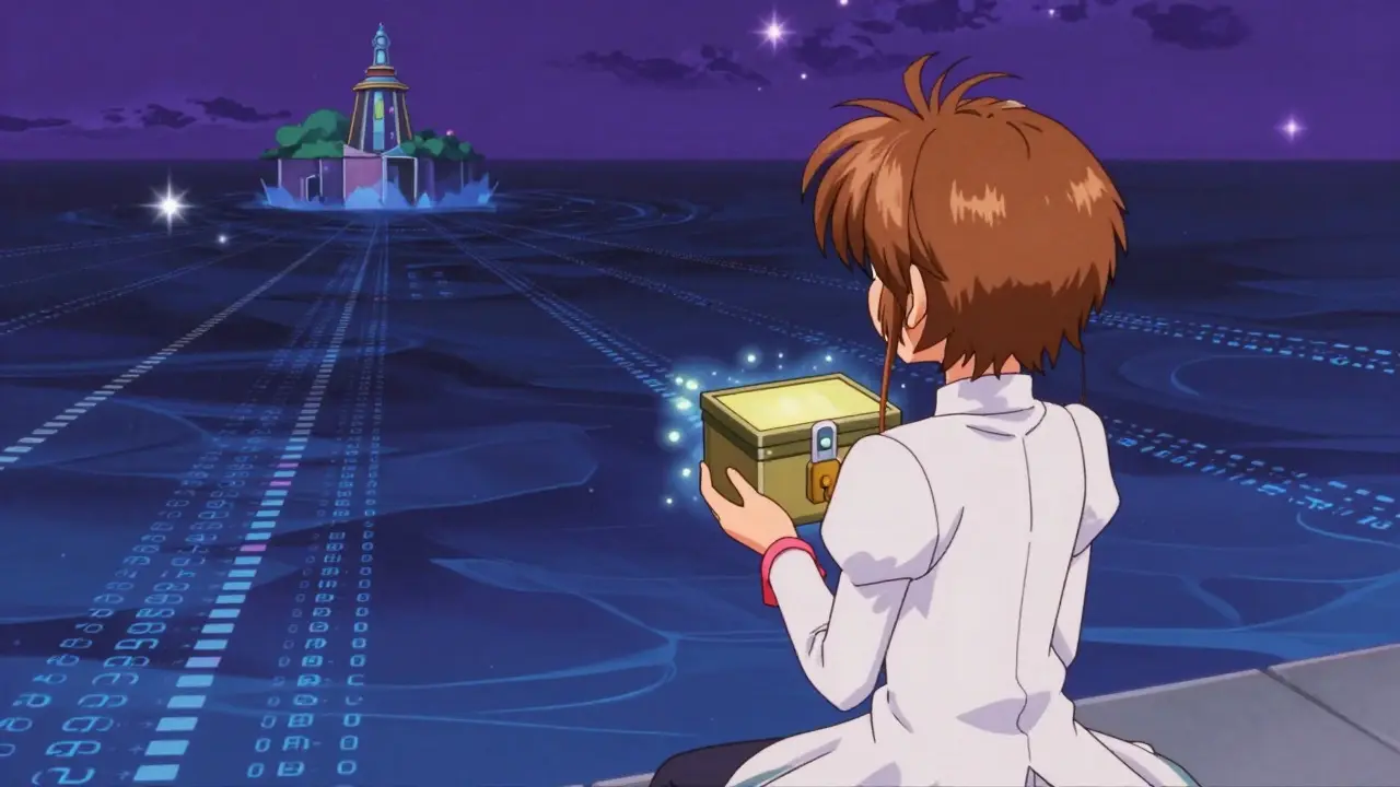 Anime figure holding a secure lockbox near a dark data ocean