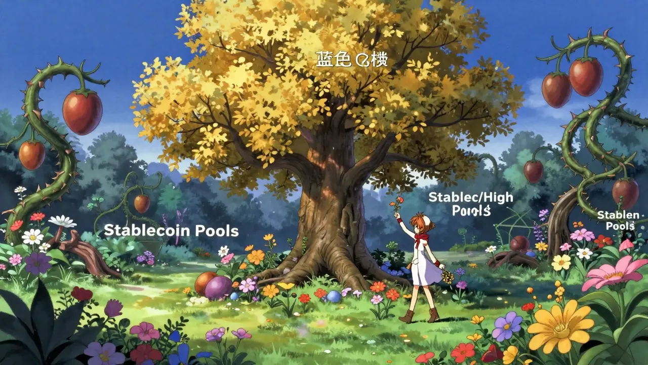 Anime garden with trees and flowers symbolizing different crypto investment risk levels