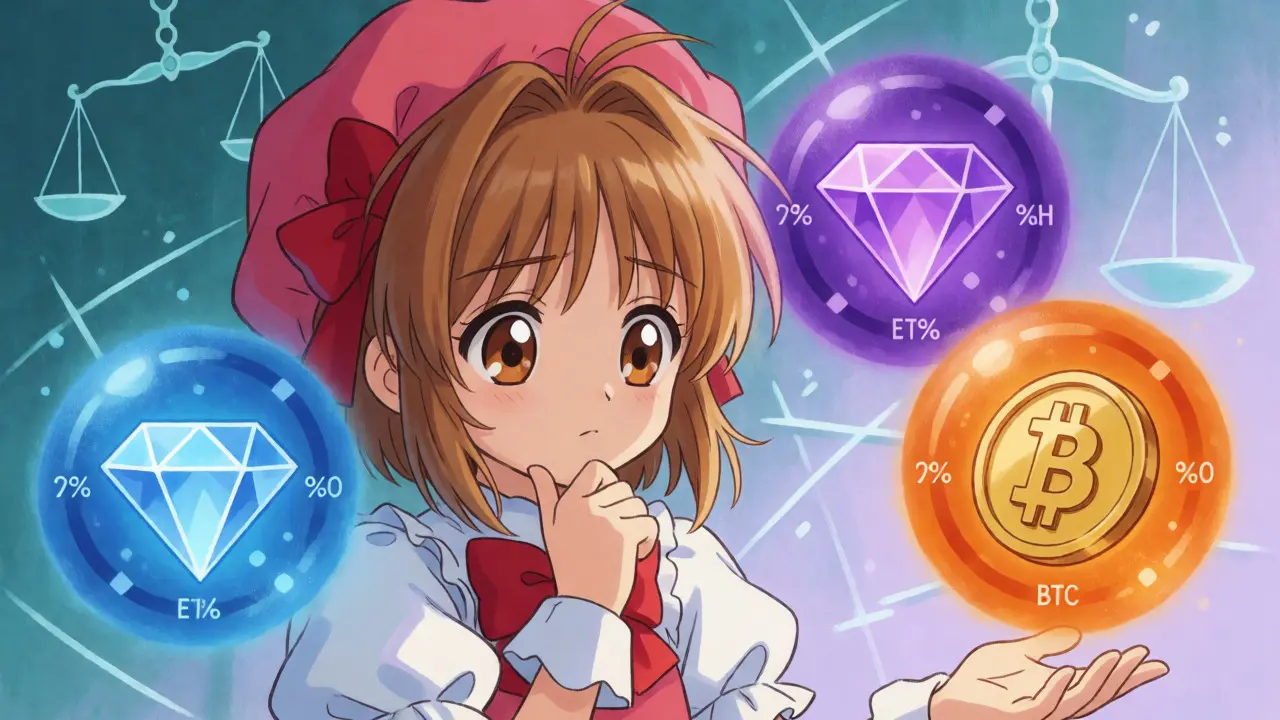 Anime girl analyzing floating crypto orbs with percentage rings