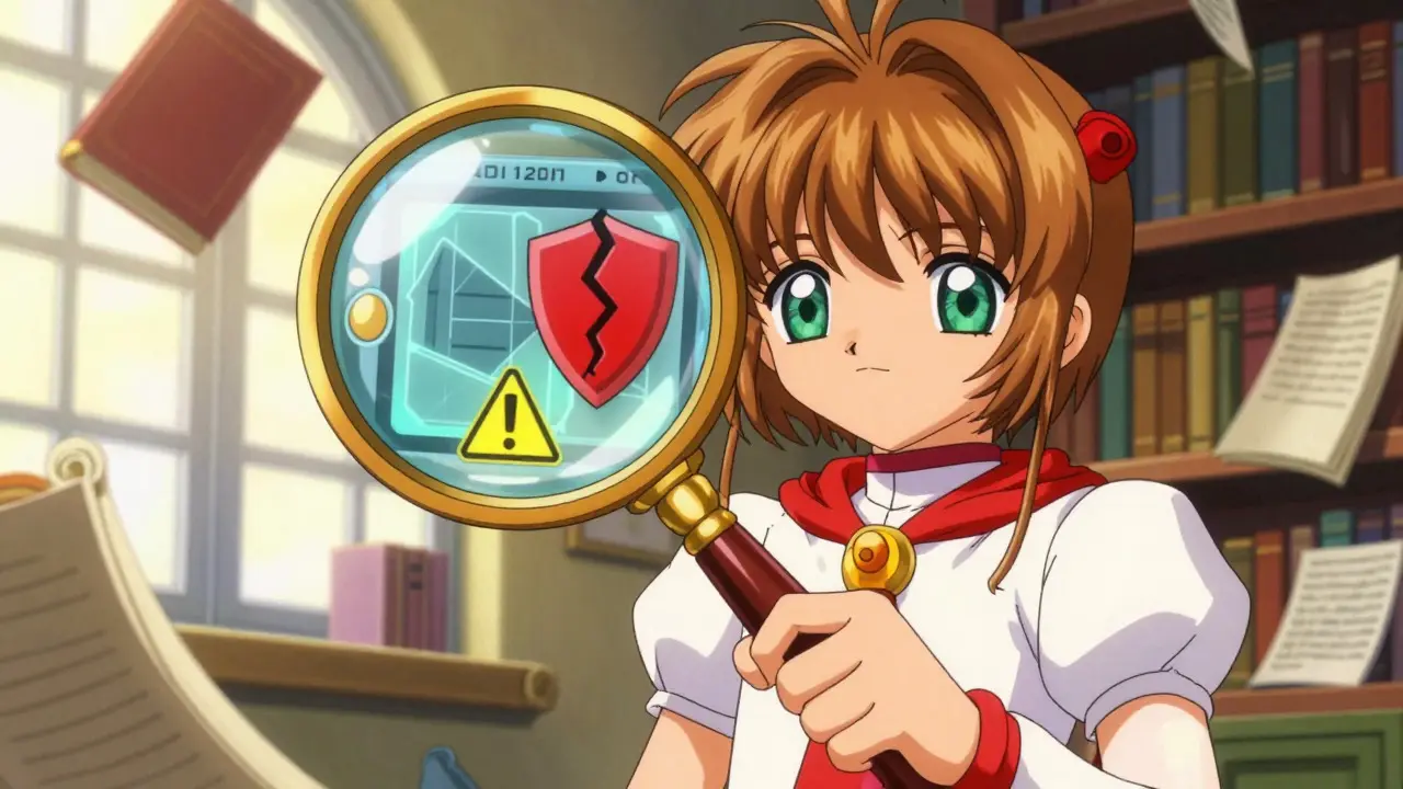 Anime girl inspecting digital wallet warnings with a magic magnifying glass