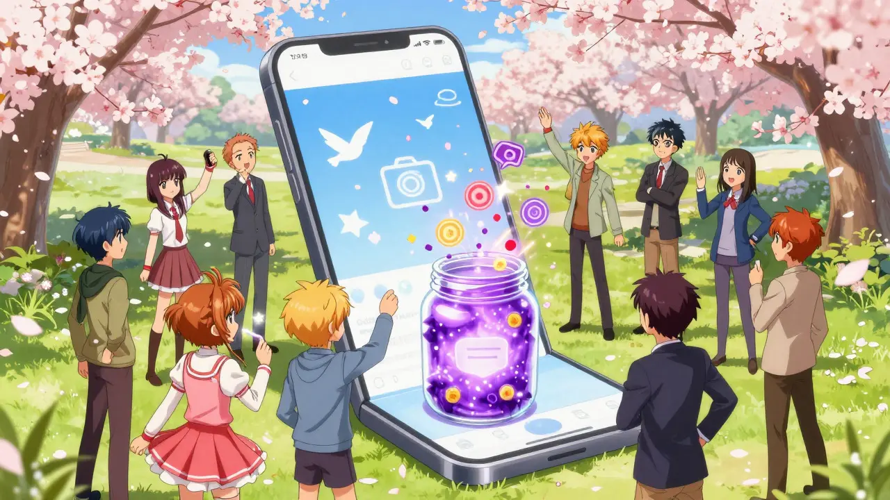 Anime scene of friends participating in a social media campaign with a glowing token jar