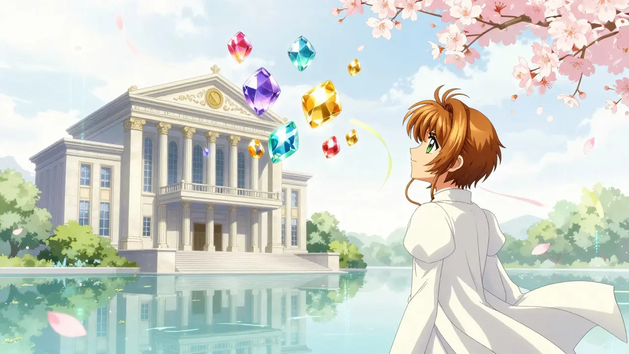 Anime scene showing a building transforming into floating digital gems amidst cherry blossoms