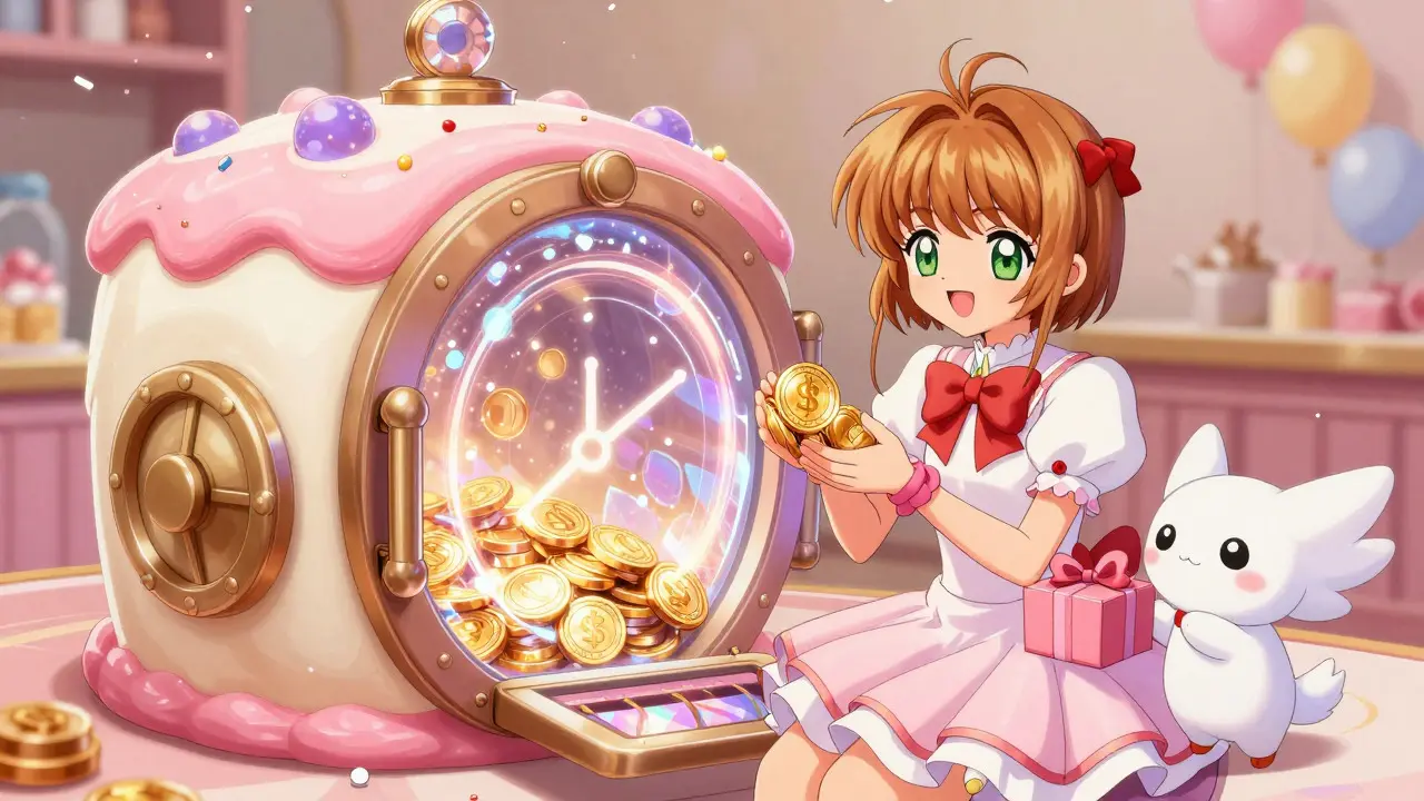 Cardcaptor Sakura style art of a user depositing assets into a magical cake vault for rewards
