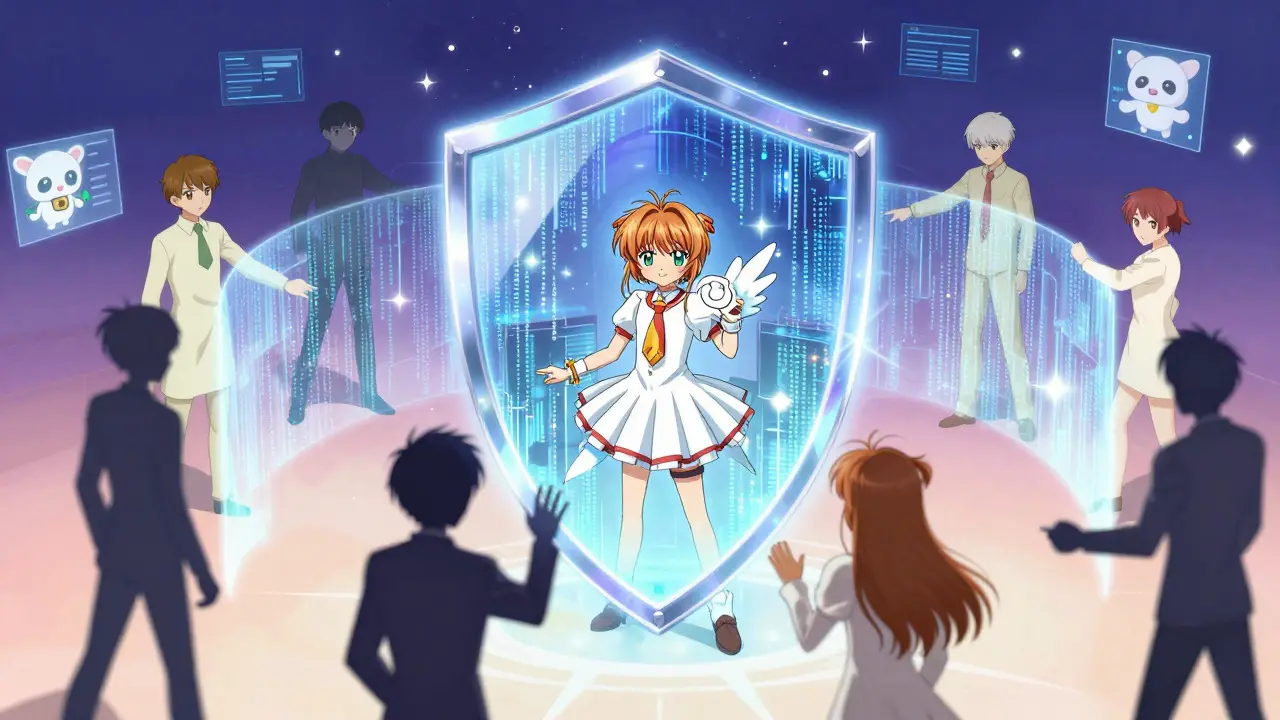 Cardcaptor Sakura style art showing a magical shield blocking shadowy figures from entering a secure zone
