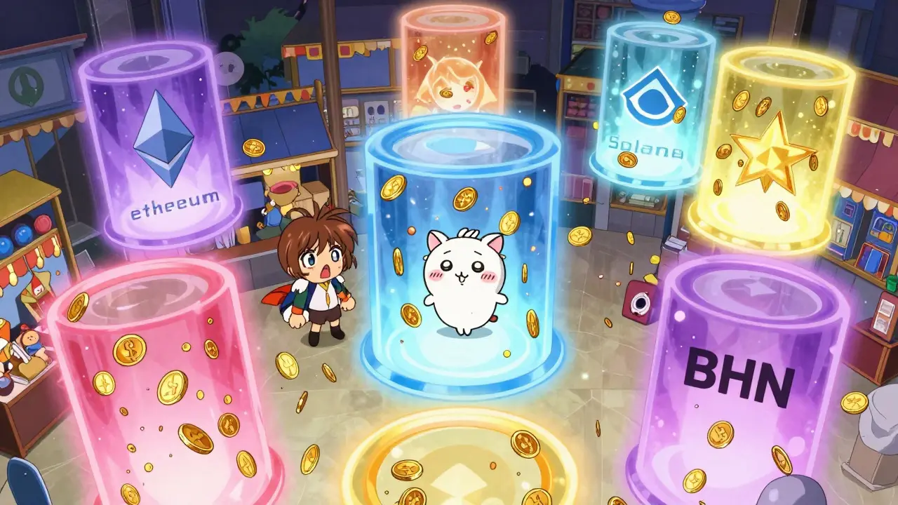 Chaotic anime scene with multiple magical portals showing swirling coins and an overwhelmed mascot