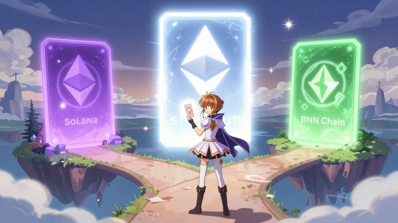 Character choosing between three magical portals representing blockchain networks